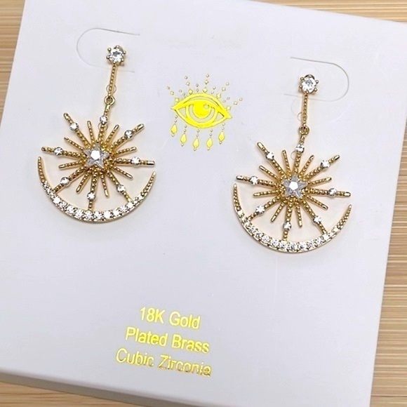 Brand New Eye Candy 18K Gold Plated Star Crescent Moon Rhinestone Drop Earrings - Picture 3 of 14